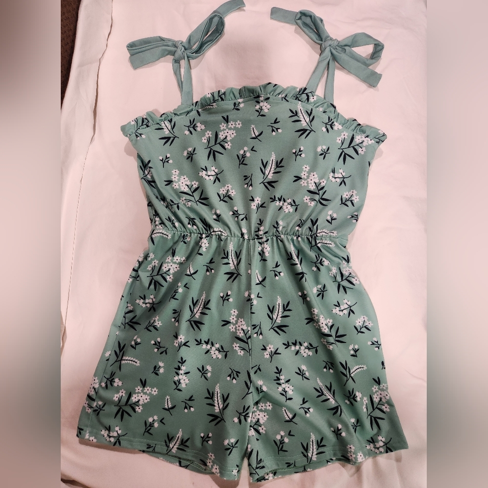 Trend Blossoms Girl's Floral Ruffle Bow-Strap Romper Green Size 14 NIP - Picture 3 of 7